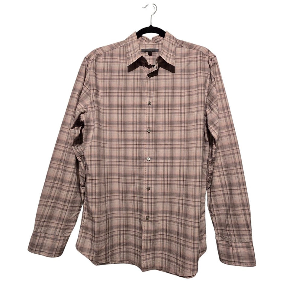 John Varvatos Mens Shirt‎ MED Purple Plaid Designer Quiet Luxury Business Office